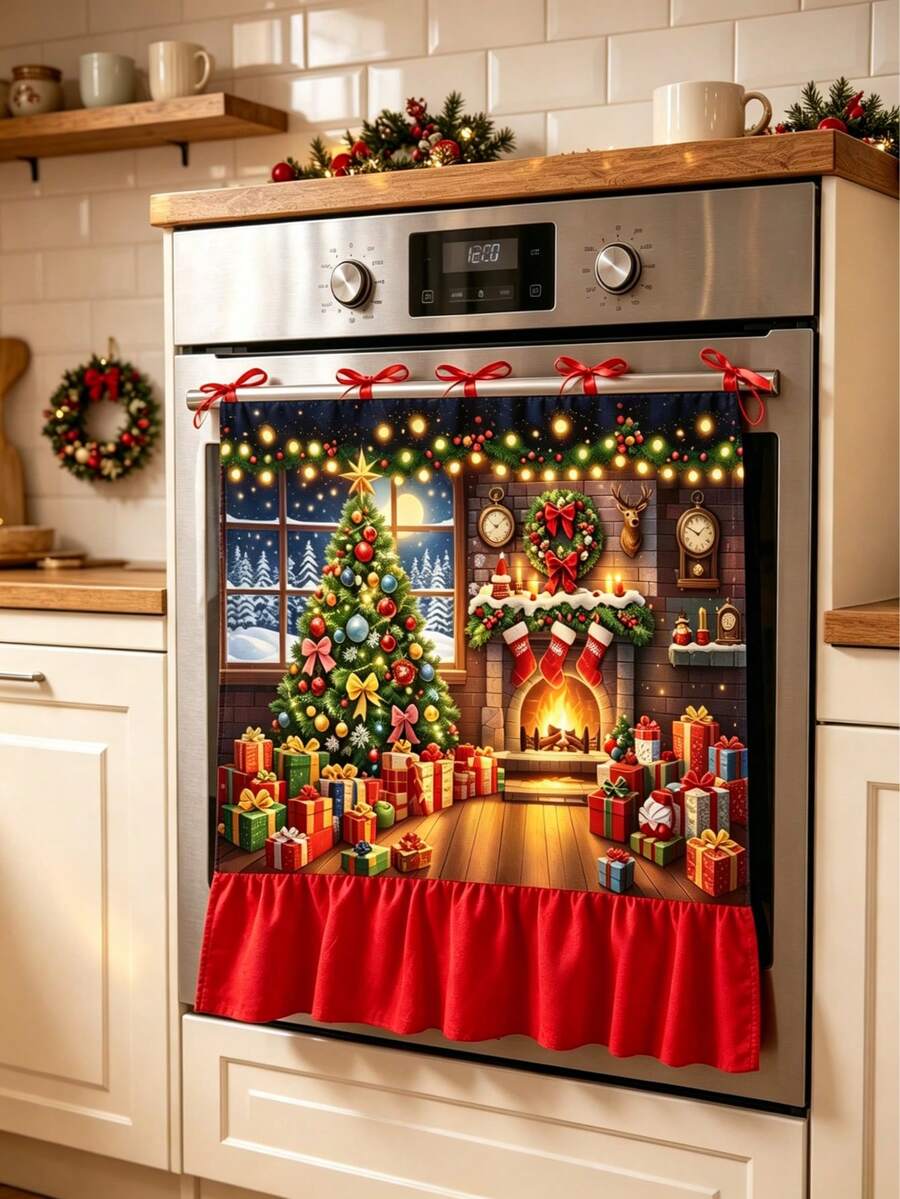 1pc Christmas Fireplace & Gift Tree Print Oven Curtain, With Ribbon Tie Top And Red Ruffle Trim, Short Kitchen Tiered Curtain, Decorative Cover Cloth, Suitable For Stove Oven, Open Cabinet And Small Window, Christmas Country Style Home Decor - Christmas Fireplace Night Scene Curtain - View 1