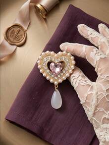 1pc Vintage Heart-Shaped Brooch With Pearl And Rhinestone, French Luxury Style Brooch Pin For Sweater, Blazer, Coat, Fashionable Corsage Accessory - Heart - View 3