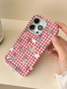 Fresh Red Plaid Cute Rabbit & Flower Phone Case Compatible With Iphone 16, 15, 14, 13, 16 Pro Max, 15 Pro, 16 Max, Heart-Shaped Camera, Full Coverage, Anti-Drop, Electroplated, Women's Style, Only Compatible With IPhone 16 And 17 - Red - View 8