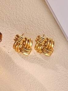 Classic Stainless Steel Braided Knot Earrings And Rings,18K Gold Plated Jewelry Set,Suitable For Daily Wear, Party, Banquet, Gift For Friends,Mom - 1 - View 5