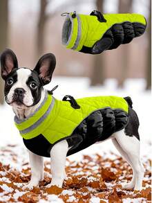 1pc Zippered Colorblock Cotton Padded Pet Coat With Elastic Drawstring, Reflective Trim Collar, Warm Lining, Down Jacket For Cats And Dogs - Green - View 2