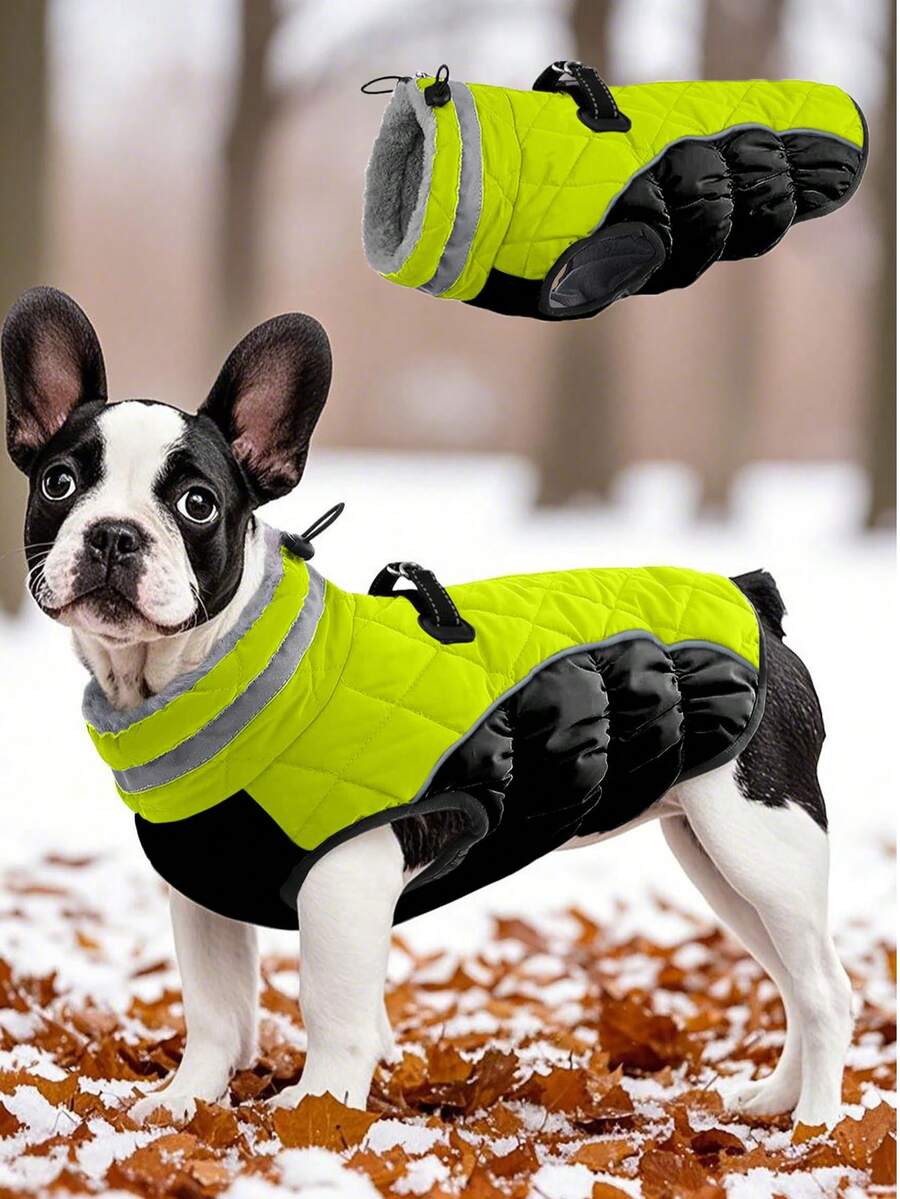 1pc Zippered Colorblock Cotton Padded Pet Coat With Elastic Drawstring, Reflective Trim Collar, Warm Lining, Down Jacket For Cats And Dogs
