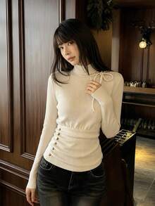 Korean Style Retro Long Sleeve Knit Sweater Women's High Neck Slim Fit Base Layer Top - Apricot - View 5
