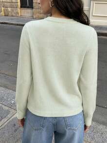 YuwenierPOP Vintage Romantic Green Cardigans Knitted Rose Embroidered Crew Neck Button Front Long Sleeve Sweater Autumn Christmas Outfit Women - Green - View 3