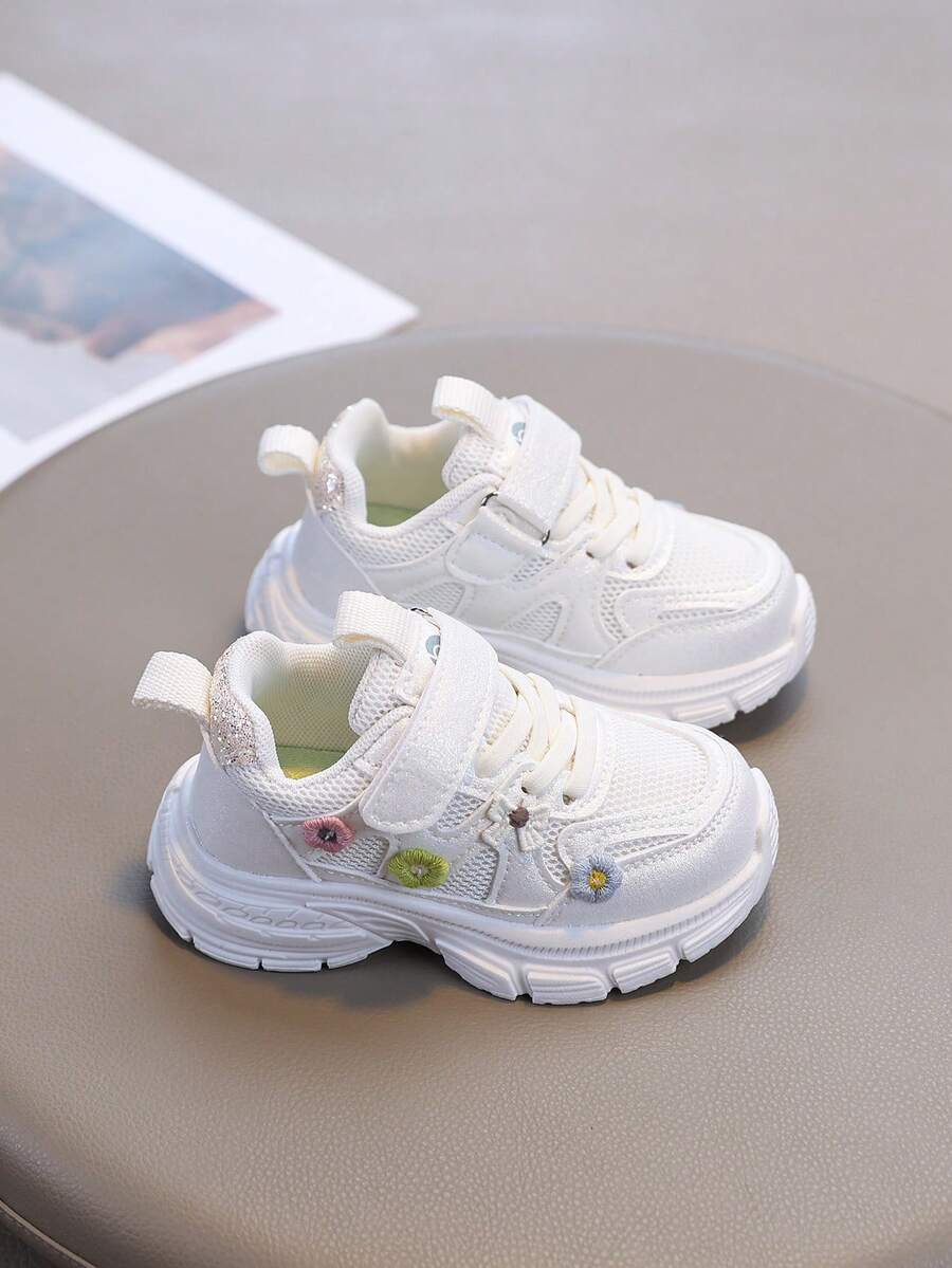 All-Season Kids' Back To School Sneakers, Breathable Soft Lightweight Chunky Sneakers, Floral Decor Upper, Non-Slip Wear-Resistant Sole, Suitable For Daily Running - Beige - View 1