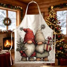1pc Christmas Gnome Print Apron - Sleeveless Design, Durable And Comfortable Fit, Featuring Red Hat Gnome Holding Snow-Covered Mini Christmas Tree Pattern, Suitable For Cooking, Baking And Home Cleaning, Household Cleaning, Housework Apron, Hand-Painted Handmade Gardening Apron, Fun Holiday Gift - Multicolor - View 10
