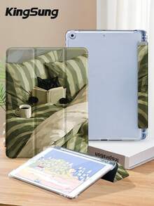 Kingsung 綠色條紋黑貓圖案平板保護殼，相容 iPad Air 8 (Model M4)、2026 11 吋/13 吋、9.7/10.2/10.5/10.9/12.9 吋、Pro 11 吋、第 10 代、Galaxy Tab S6 Lite 10.4 吋、Kindle Paperwhite 2024 第 12 代、Kindle 2022 第 11 代，具防震功能與智能支架，支援自動喚醒/睡眠 - 彩色 - 查看 3