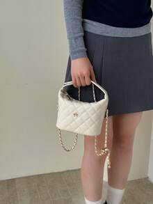 1pc Classic Diamond Quilted Mini Bucket Purse, Camellia Metal Embellishment, Adjustable Leather Woven Chain Strap Women Shoulder Crossbody Bag - Multicolor - View 5