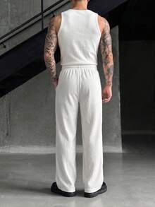 Men's Knit Textured Pleated Casual Pants, Elastic Waist With Drawstring, Straight Leg, Loose Fit, Draped Slimming Wide Leg Pants, Daily Commute Streetwear Versatile Casual Sports Long Pants - White - View 7