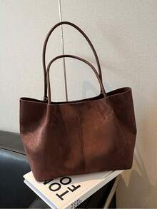 Large Tote Bag, Smooth Leather, Extended Hand Carry & Shoulder Strap, Vertical Seam Detail, Open Top Design, Soft & Casual Silhouette, Matte Frosted Texture, Large Capacity, Minimalist Style, No Extra Hardware, Gentle Feminine Aesthetic, Shoulder, Fits Books & Tablets, Commuting & Shopping - Coffee - View 6