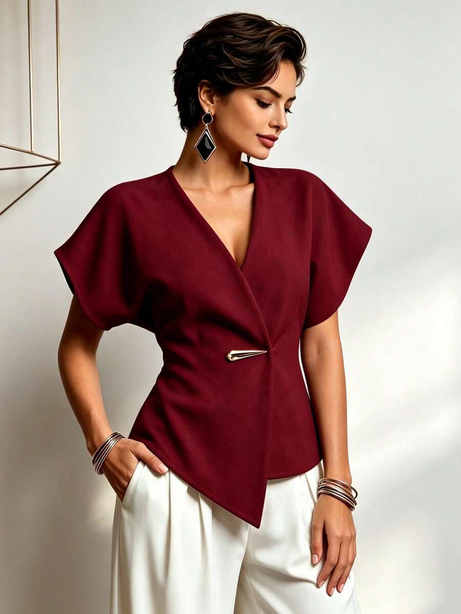 IGKEEL Plus Size Women's Top For Spring, Summer, Autumn, Suitable For Work, Daily Wear, Commuting And Office Occasions, Solid Color Asymmetrical Hem Single Button Vest Top