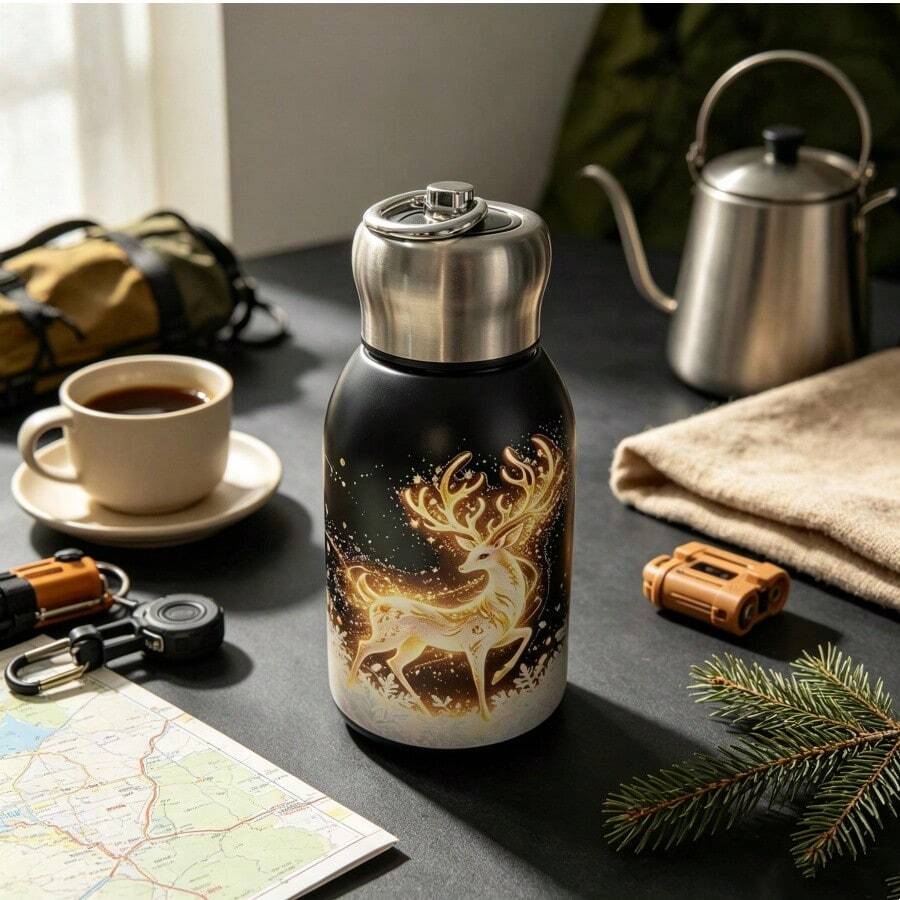 Portable Insulated Stainless Steel Water Cup, Leak-Proof Travel Mug, Reusable Drinking Container, Suitable For Camping, Commuting And Daily Activities - Black Snowflake Deer - View 1