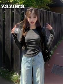 Korean Style Slim Fit Elastic Slimming Long Sleeve Inner Layer/Standalone T-Shirt For Women, Early Autumn - Grey - View 6
