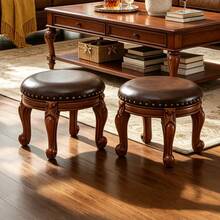 Solid Wood Stool, Vintage Small Round Stool, Shoe Bench, Leather Footstool - Maroon - View 5