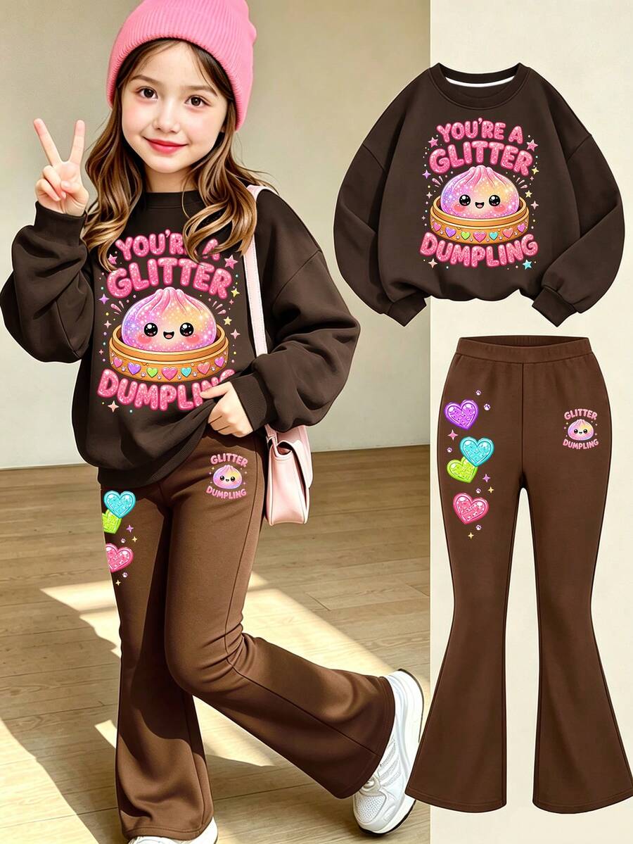 2pcs/Set Girls Parent-Child Outfit, Letter Print Sweatshirt And Flare Pants, Soft Fabric, Casual Street Style - Multicolor - View 1