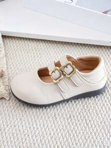 Girls' Double Buckle Mary Jane Shoes, Vintage Metal Flower Decor, Non-Slip Shoes For Toddlers - White - View 4
