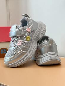 Children's Mesh Chunky Sneakers With Colorful Floral Accents, Hook & Loop Closure, Easy On/Off, Campus Daily Wear Sneakers - Grey - View 5