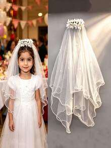 1pc Women's White Bridal Veil Pearl Flower Wedding Hair Comb Headpiece, Suitable For Daily Wear - White - View 3