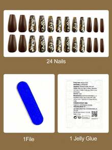 MAOMIA 24Pcs Matte Ballet False Nail Set - Medium Length, Autumn And Winter Warm Tones With Gold Embellishments And 3D Embossed Flowers, Press-On Nail Art, Easy To Apply And Remove - Multicolor - View 6