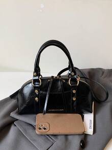 Vintage Shell Handbag, Luxury Rivet Metal Buckle, Fashion Commute Minimalist Women's Bag - Black - View 8