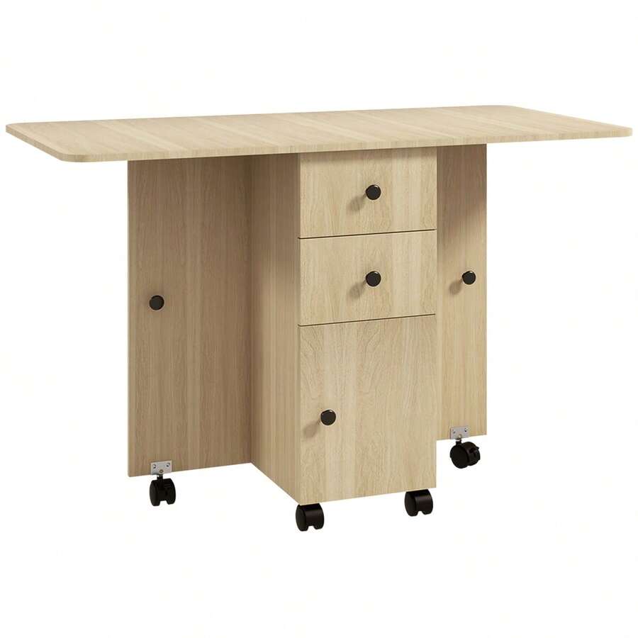 Multi-Storage Six-Person Drop Leaf Dining Table - White On-Site - Natural Wood + Engineered Wood - View 1