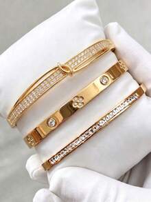 3/1pcsGold‑Tone Stainless Steel Bangle, Snake‑Textured Design, Style, Adds Extra Fashion Sense To Outfits - Gold - View 2