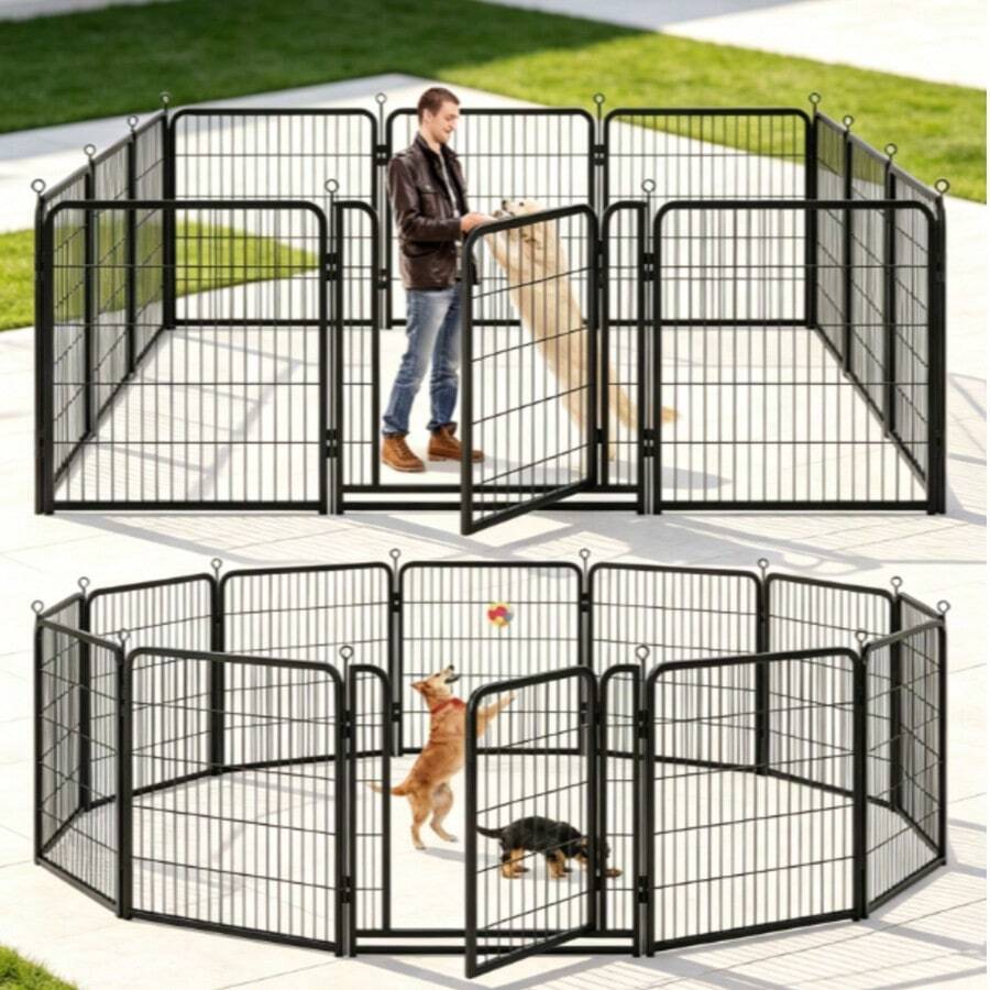 Kfvigoho Dog Playpen Outdoor Extra Wide 12 Panels Heavy Duty Dog Fence 40" Anti-Rust Coating-Strengthened Dog Fence With Doors Portable For RV Camping Yard, Total 32FT, 79 Sq.Ft, Snowy Black - Black - View 1