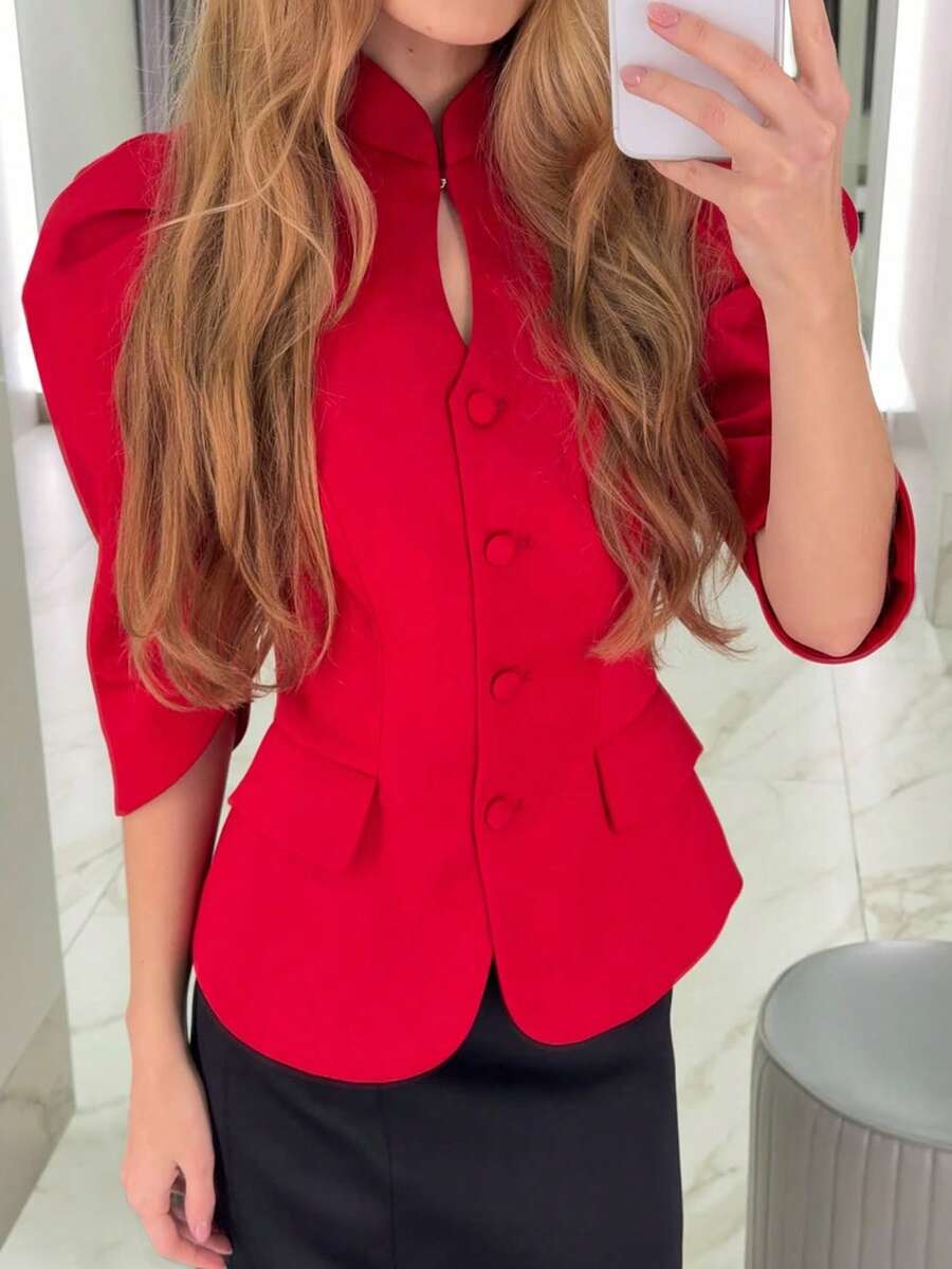 Vellofy Women's Red Stand Collar Slim Fit Blazer Jacket, Autumn/Winter, Keyhole Neck, Puff Elbow Sleeves, Suitable For Date Night, Banquet, Party And Casual Gathering - Red - View 1