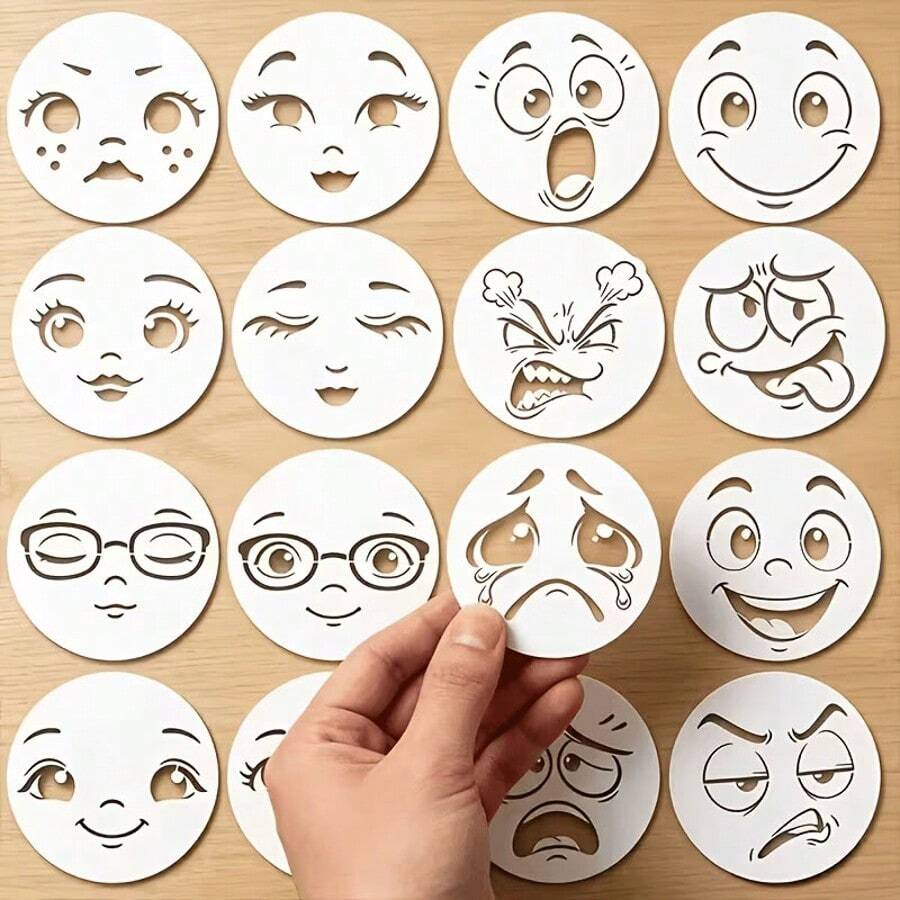 16 قطعة من قوالب الرسم، أنماط متعددة لتعبيرات وجه كرتونية ممتعة، قوالب جرافيتي دائرية DIY مصنوعة يدويًا مناسبة للرسم اليدوي والتقارير اليدوية والمجلات والإبداع الفني وطباعة الحرف اليدوية. قابلة لإعادة الاستخدام، سهلة التموضع، أداة مساعدة عملية للرسم الإبداعي - أطقم - مشاهدة 1