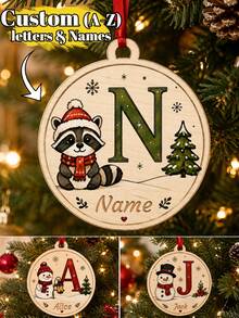 Custom Animal Initial Wooden Christmas Ornament, Personalized Name Round Tree Decor, Festive Raccoon Snowman Holiday Style, Customized Letter Bag Charm, Customizable Name Keepsake, Christmas Decoration, Gifts For Family And Friends, Room Decor - Multicolor - View 1