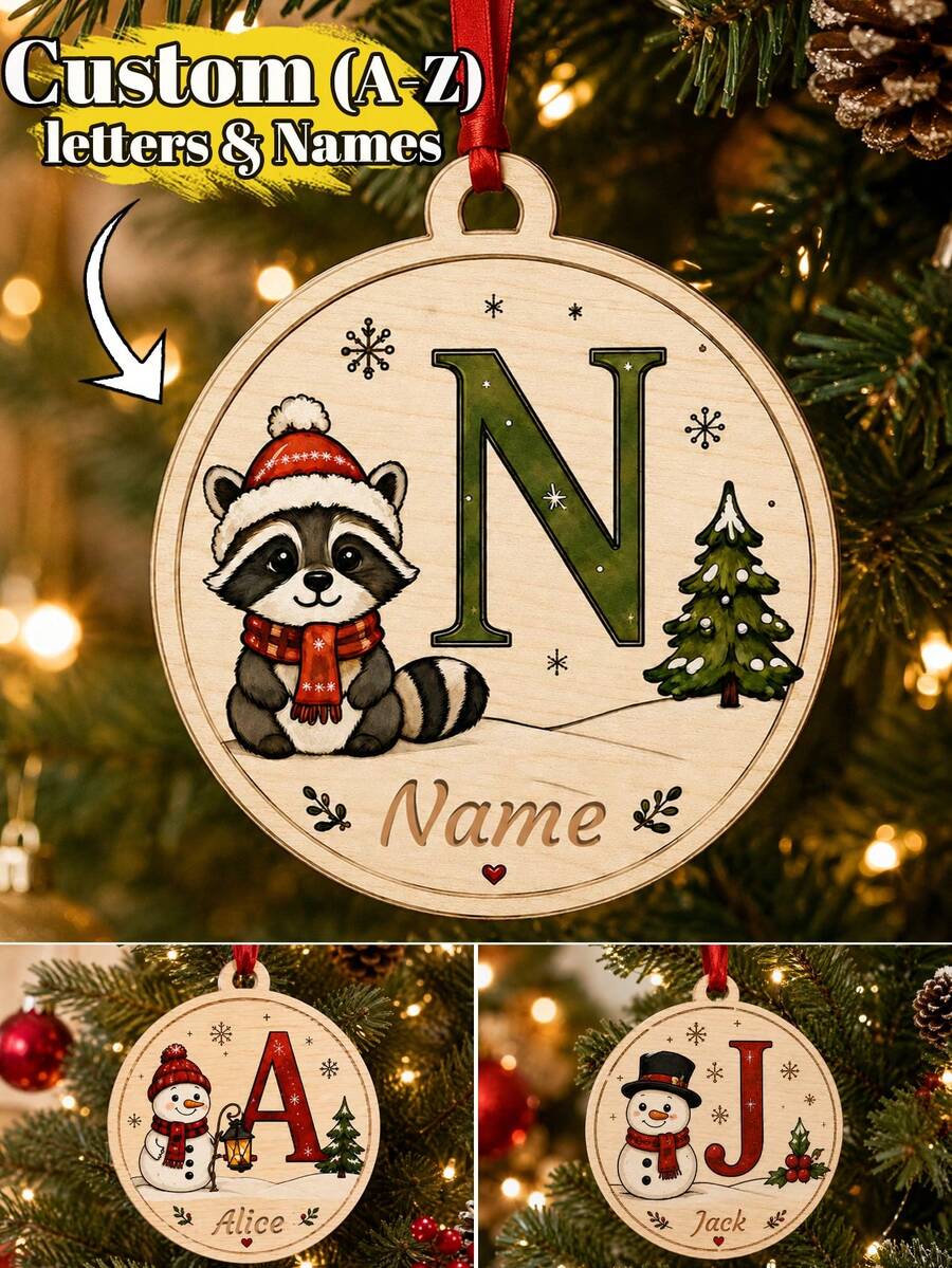 Custom Animal Initial Wooden Christmas Ornament, Personalized Name Round Tree Decor, Festive Raccoon Snowman Holiday Style, Customized Letter Bag Charm, Customizable Name Keepsake, Christmas Decoration, Gifts For Family And Friends, Room Decor - Multicolor - View 1