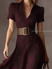 Elegant Women's A-Line V-Neck Short Sleeve Flared Midi Dress, Fashionable Choice For Spring, Summer And Autumn, High-End Women's Dress - Burgundy - View 5