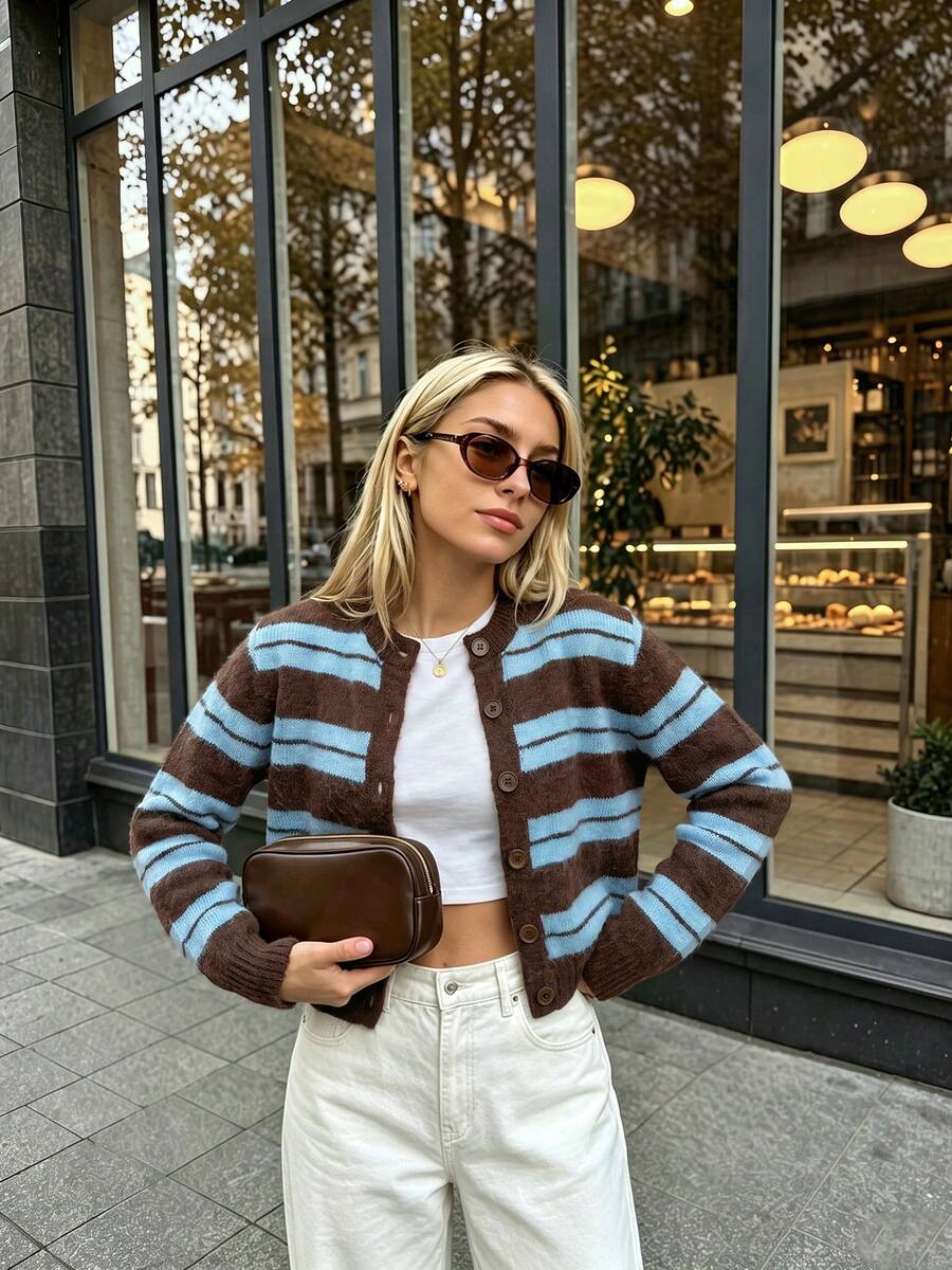 Cardigan Sweater Wanita Kasual Bergaris dengan Warna Kontras, Cocok untuk Santai, Liburan, Kencan Sehari-hari, Musim Gugur/Dingin - MultiWarna - View 1