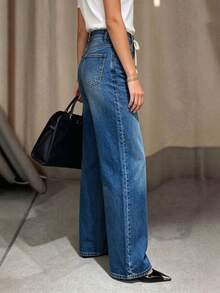 Washed Blue Autumn/Winter New Casual Loose Straight Wide Leg Drawstring Denim Jeans For Women - Blue - View 3