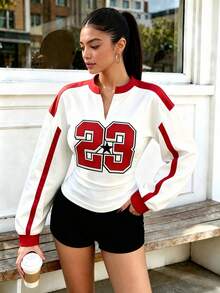 Women's Small V-Neck Long Sleeve Slim Fit T-Shirt, Print With Waist Pleat Design, Fashionable Sporty Style - Red and White - View 6