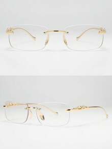 1pc Women's Metal Rimless Cut Edge Square Small Frame Leopard Print Retro Y2K Fashion Outdoor Vacation Travel Decorative Glasses - Multicolor - View 5