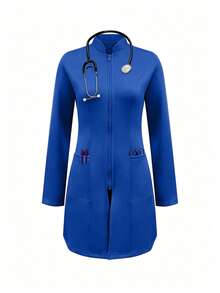 cimmuovere Long Sleeve Lab Coat With Pockets And Zipper, Scrub Uniform For Nurses - Blue - View 4