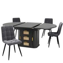 Extendable Dining Table With Storage, 118-158cm Table With Rattan Drawers, MDF Wood Look, Black / Natural Wood / Oak Look - Black + MDF - View 11