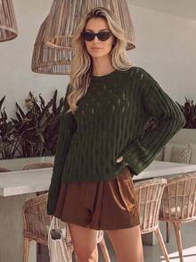 NiceArt Vertical Striped Distressed Knit Top, Winter Retro Casual Dark Green Drop Shoulder Long Sleeve Sweater, Autumn Outfit, Christmas, Halloween - Green - View 9