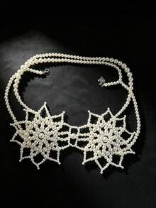 ZHENGHEN Asymmetrical Star-Shaped Pearl Beaded Body Chain Top, Hollow Handmade Personalized Cover Up, Suitable For Party And Nightclub - White - View 3