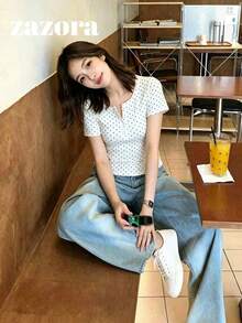 2026夏季波點方領短袖女款百搭圓領修身顯瘦彈性舒適半透薄款T恤上衣休閒風 - 白底波點 - 查看 3
