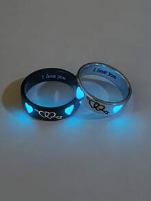 ATLVXJL 2pcs/Set Luminous Couple/Family/Friendship Glow-In-The-Dark Double Heart & Arrow Pattern Silver & Black Stainless Steel Couple Rings Set, Casual Jewelry Rings Suitable For Daily Wear And Holiday Gift Giving - Multicolor - View 5