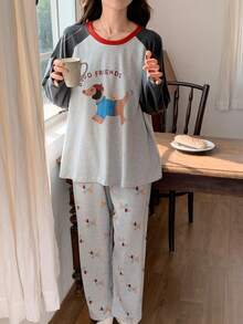 2pcs/Set Women's Pajamas Loungewear Set, Pullover Round Neck Cute Puppy Print Simple Long Sleeve 9/10 Pants, Easy Care Fabric - Multicolor - View 8