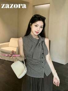 韓式復古設計格紋綁帶收腰女款修身上衣，修身顯瘦，百搭，無袖上衣，夏季黑色 - 黑色 - 查看 3