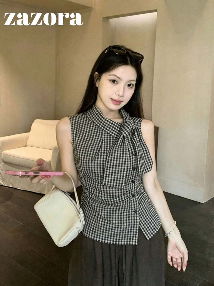 韓式復古設計格紋綁帶收腰女款修身上衣，修身顯瘦，百搭，無袖上衣，夏季黑色 - 黑色 - 查看 3