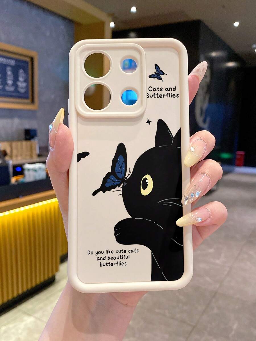 1pc Fashion Pure Android TPU Material Butterfly Black Cat Element Pattern Lens Protection Thick Anti-Drop Anti-Fingerprint Beige Diamond Sand Phone Case Compatible With Samsung/Transsion/HONOR/ - Beige - View 1