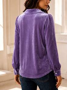 SwallowLucky Plus Size Women's Velvet Peter Pan Collar Long Sleeve Blouse Elegant Solid Front Button Retro Shirt For Daily Wear - Purple - View 7