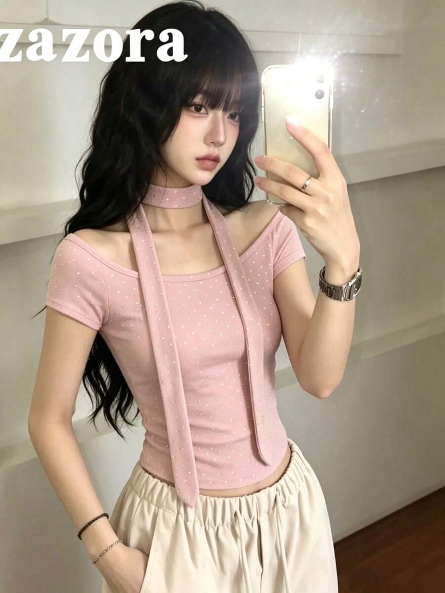Vintage Hot Girl Style Collarbone-Exposing Rhinestone Decorated Slim Fit Top Women Summer Sexy Minimalist Sexy Style Crop Top (Not Print, It's Rhinestone Craft) - Pink - View 1