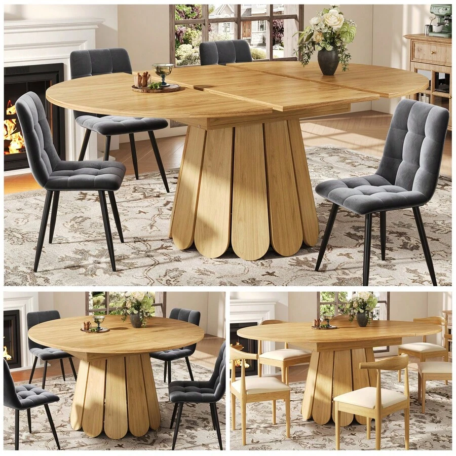 Extendable Dining Table, Dining Room Table, Kitchen Table, Balcony Table, Wooden Dining Table Round Dining Table, Extends To Oval, 118-158, Seats Up To 6 People, Wood - Natural + MDF+Metal - View 1