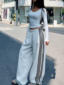 Women Wide Leg Sweatpants Grey, Casual Commute Drawstring Waist Long Pants, Autumn - Grey - View 3